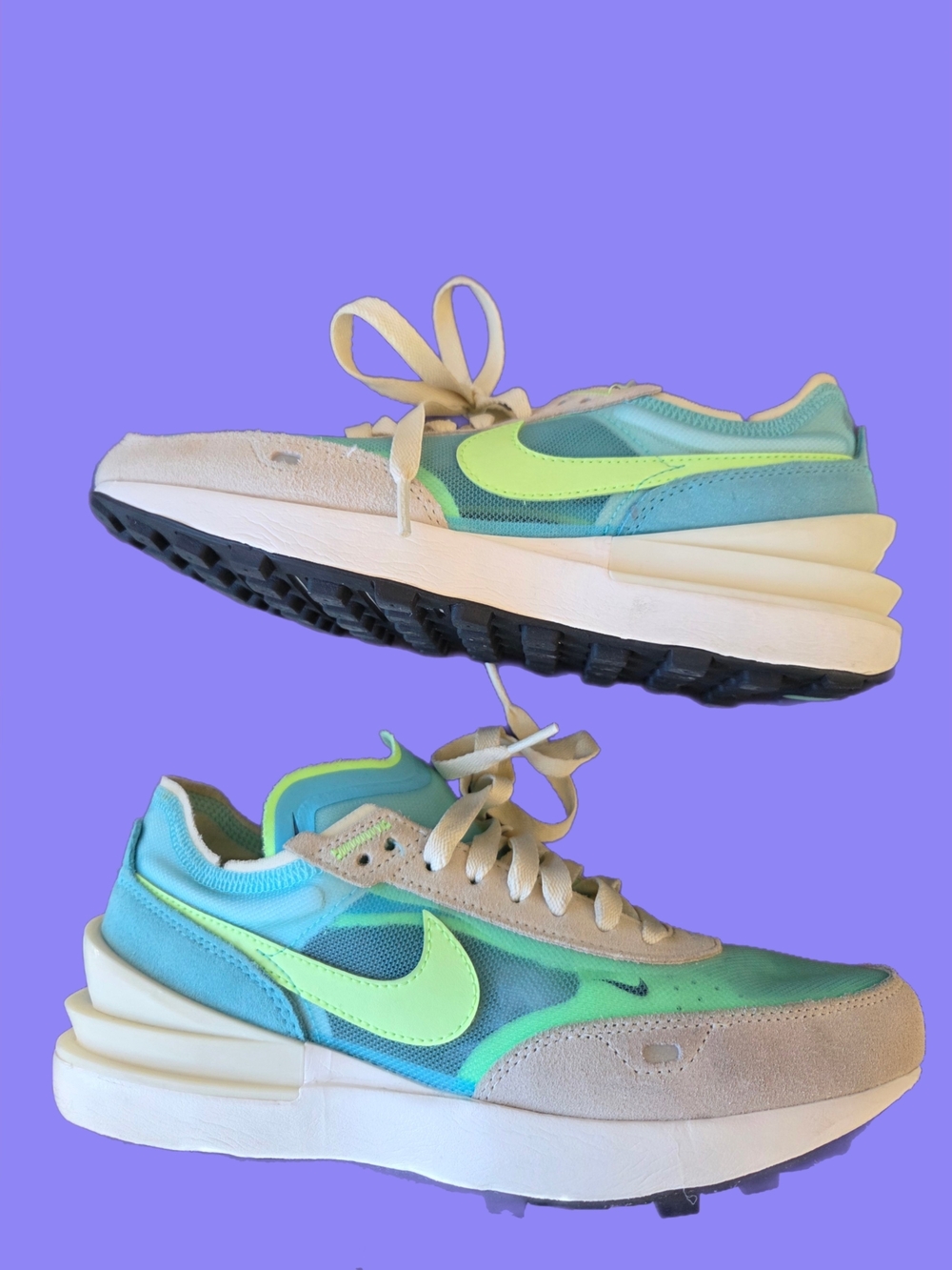 Nike Waffle One Bleach Aqua/Lime Mesh & Suede Runner Sneaker